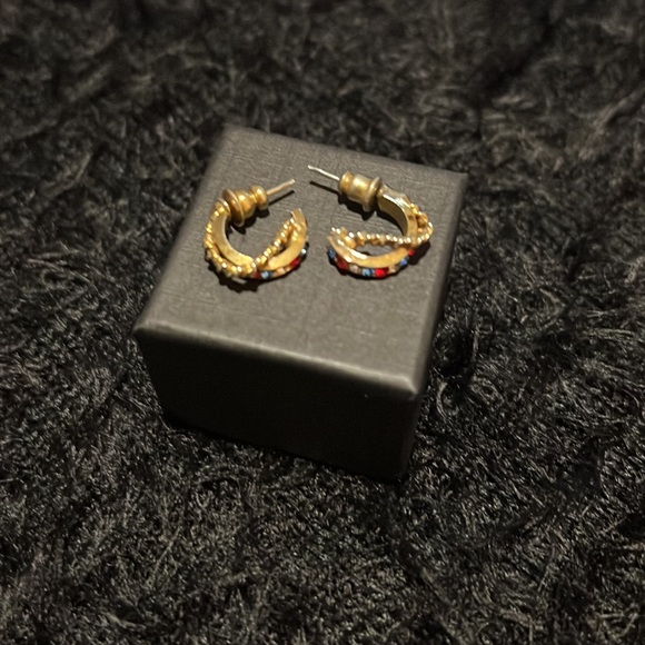 Gold earrings with red, white & blue stones. 1/2 inch circumference. - Picture 5 of 5